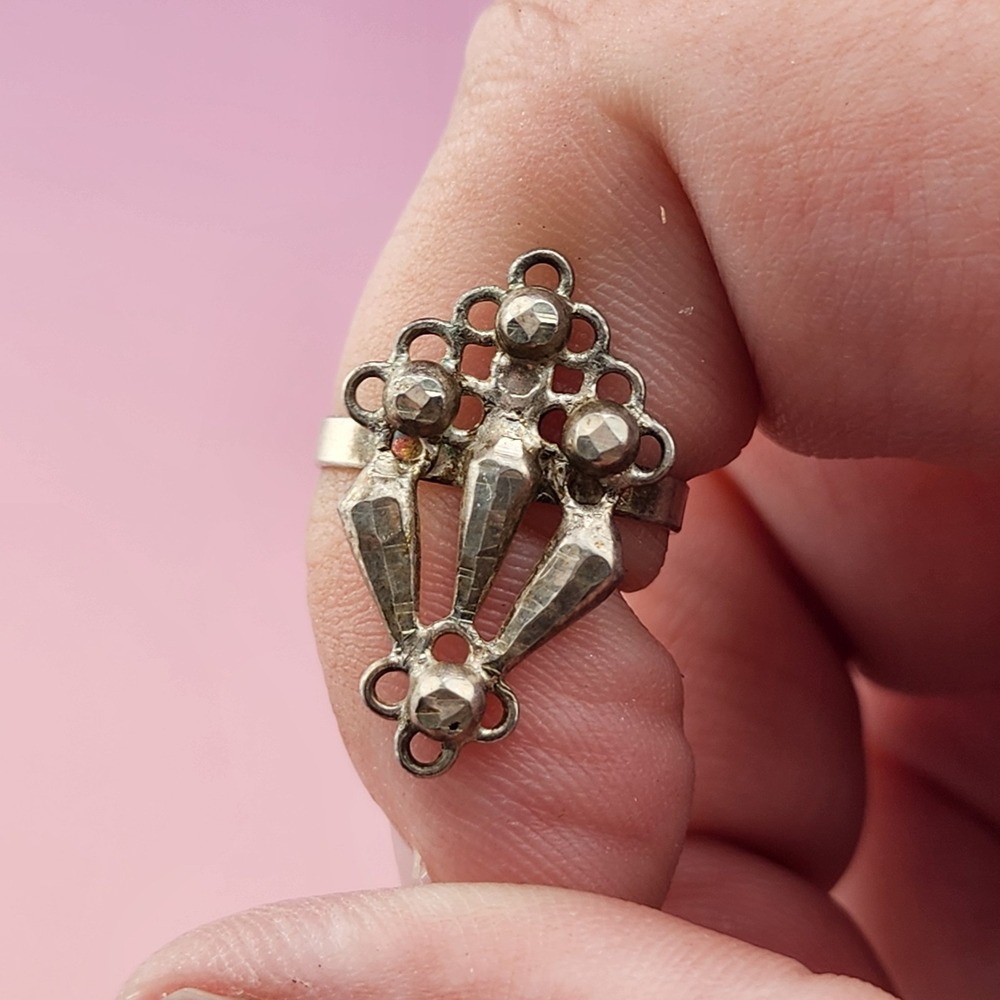 Silver Tone Tribal Statement Ring Openwork Beaded Geometric Boho Ornate Design